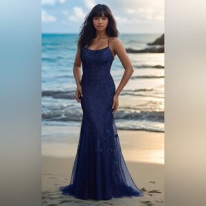 NWT Promgirl Navy blue long lace mermaid dress size 8